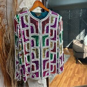 Vintage silk geometric print sequin jacket size medium purple green yellow